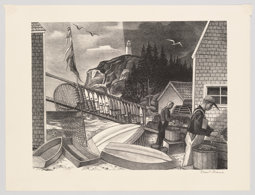 A black and white illustration depicting a coastal scene with two men working on a dock. One man is standing by wooden barrels, possibly cleaning or sorting fish, while the other is walking with a bucket in hand. In the background, a lighthouse stands atop a rocky cliff, a flag flutters in the wind, and seagulls fly overhead. There are rowboats on the shore in the foreground, and a small building with a shingled roof is visible to the right. The artist's signature, "Stuart Davis," is in the lower right corner.