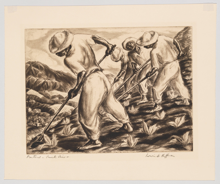 A black and white illustration depicting three individuals working in a field. They are wearing hats and loose clothing, and each is wielding a hoe to till the soil. The background features rolling hills and a few small buildings, suggesting a rural setting. The artwork is signed at the bottom.