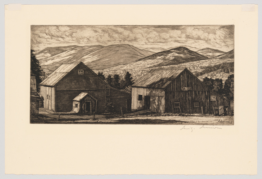 A detailed etching depicting a rural scene with two prominent wooden barns in the foreground, surrounded by sparse trees and a fence. In the background, rolling hills rise to meet a dramatic, cloud-filled sky. The artwork conveys a sense of quiet and solitude in the countryside. There is a signature in the lower right corner.
