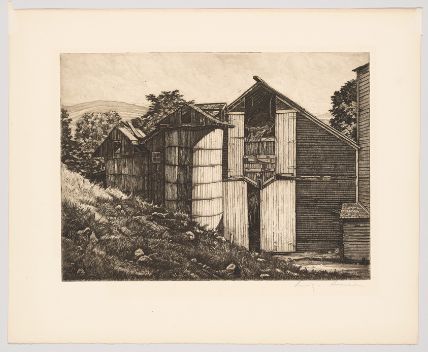 A detailed etching of a rustic barn scene with weathered wooden structures amid tall grasses, with a backdrop of trees and rolling hills. The artwork is signed by the artist in the lower right corner.