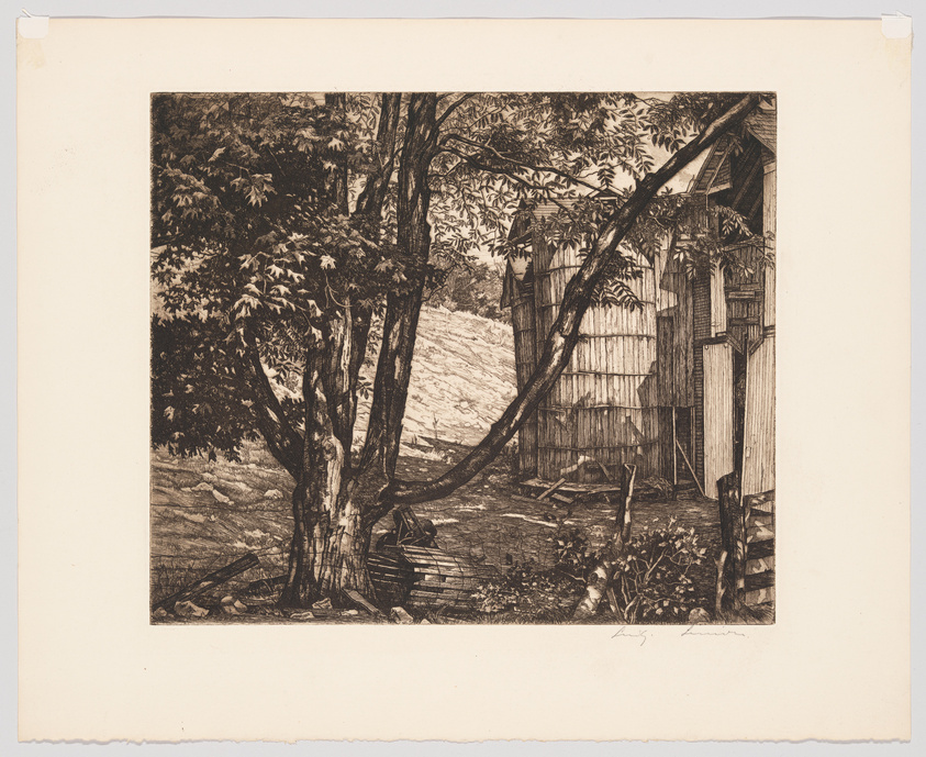 A detailed etching depicting a rustic scene with a large tree in the foreground and a weathered wooden barn in the background. The barn's exterior shows signs of wear and age, with some planks missing, and there is an assortment of debris scattered on the ground. The artwork conveys a sense of rural tranquility and abandonment.