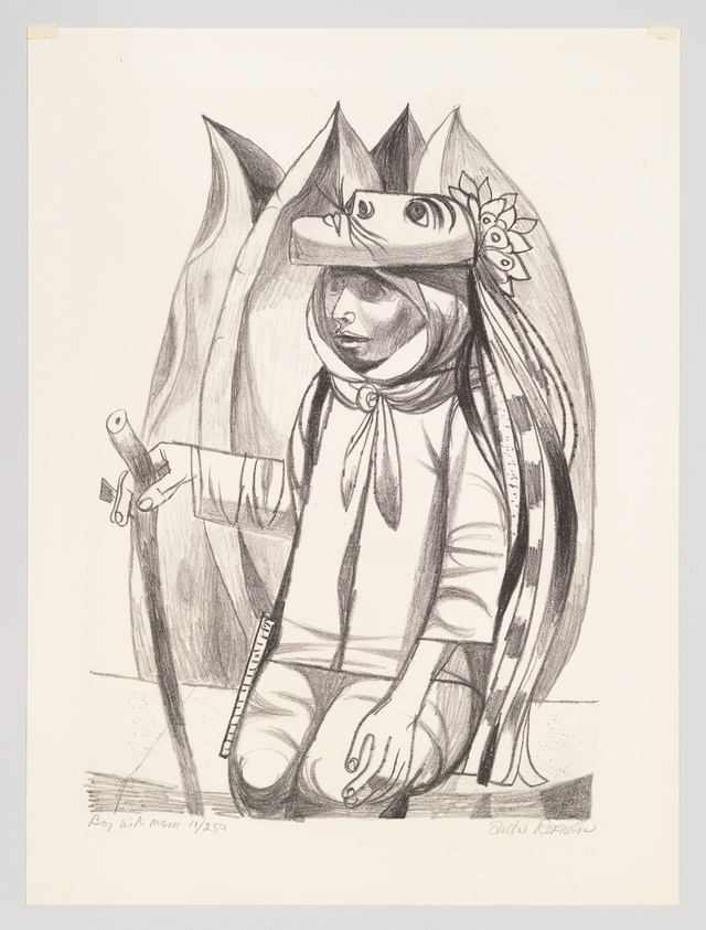 A pencil drawing titled "Boy with Moon" depicting a child dressed in a whimsical costume that includes a hat shaped like a fish head with flowers behind the ear. The child is seated, holding a flute in one hand, with a serene expression on their face. The costume features long, flowing ribbons and a scarf tied around the neck. The artwork is signed and numbered by the artist.