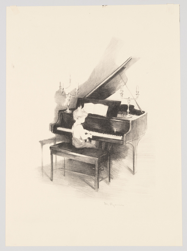 A pencil sketch of a young child seated at a grand piano, with the lid open, playing the keys. Two candelabras with lit candles are placed on either side of the piano's music stand. The artist's signature is visible at the bottom right.