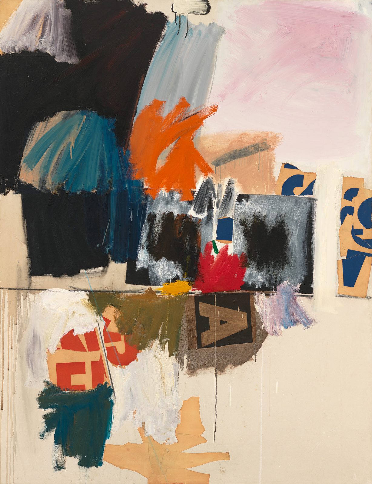 An abstract painting featuring a collage of various shapes and brushstrokes in a multitude of colors including blue, orange, red, black, and white. The composition is dynamic, with some areas appearing layered and textured, while others are more flat and geometric. Drips of paint run down the canvas, suggesting the work was created in a free and expressive manner.