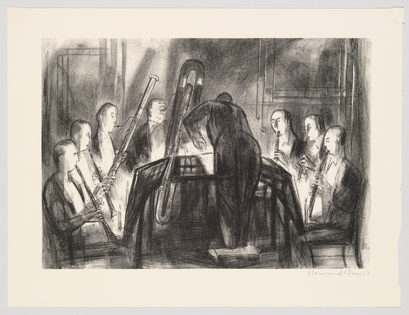 A black and white sketch of a classical music ensemble performing, featuring a pianist and various wind instrument players, including a bassoon, clarinet, and flute, captured in a moment of focused musicianship.