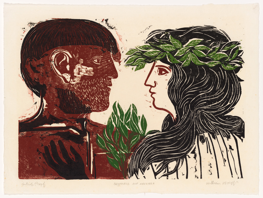 A print depicting two stylized profiles facing each other; on the left is a male figure labeled "Odysseus" with a dark red and brown color scheme, and on the right is a female figure labeled "Penelope" with a laurel wreath in her hair, rendered in black and green. The artwork has a rough, textured appearance with visible brush strokes and ink splatters, and there are handwritten signatures at the bottom.