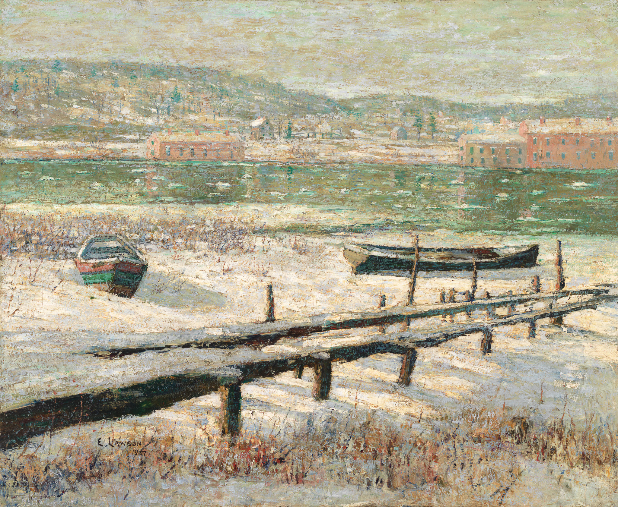 Impressionist painting depicting a snowy riverbank with a green and red boat in the foreground, a wooden jetty leading to the water, and buildings across the river under a pale sky.