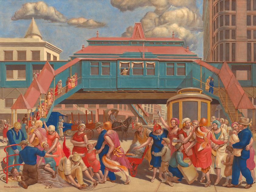 A vibrant painting depicting a bustling urban scene with a diverse group of people engaged in various activities. In the center, a blue elevated train station sits atop a red staircase with passengers ascending and descending. To the left, workers in blue and orange attire are actively involved in construction or maintenance tasks, while to the right, a crowd of people in colorful 1920s attire appears to be either greeting newcomers or bidding farewell. The background features a mix of architectural styles, from traditional to modern high-rises, under a sky with fluffy white clouds.