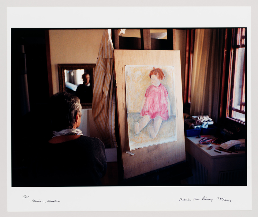 A person is seated in front of an easel with a painting of a child in a red dress. The scene includes a mirror reflecting the artist's image, and the room is filled with artistic materials and warm natural light from the window.