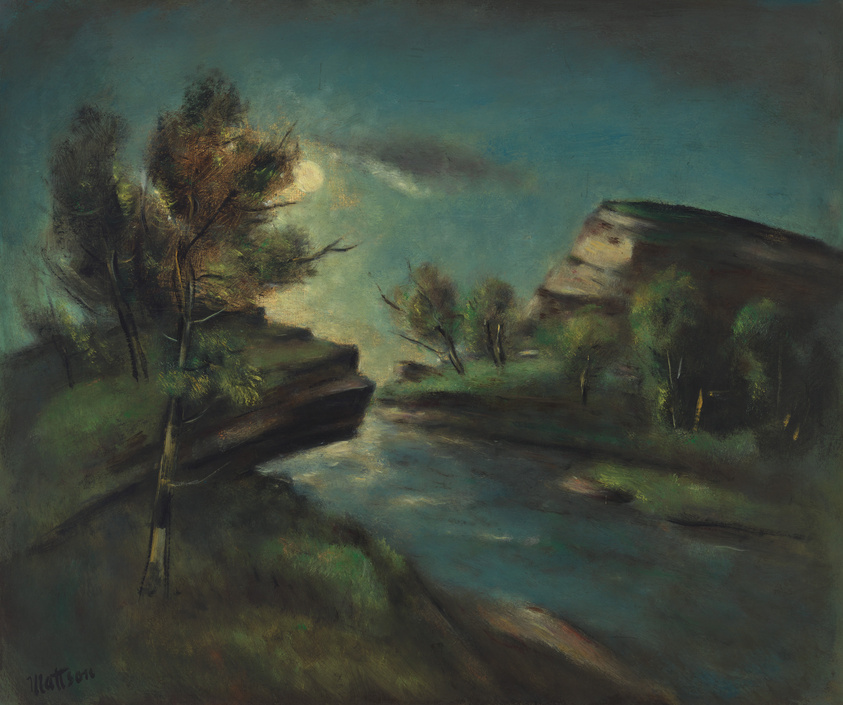 Impressionistic painting depicting a moody landscape with a river cutting through it. Trees with autumnal foliage are swaying on a cliff's edge to the left, while a larger, shadowy landform looms in the background on the right. The artist's signature is visible in the lower left corner.