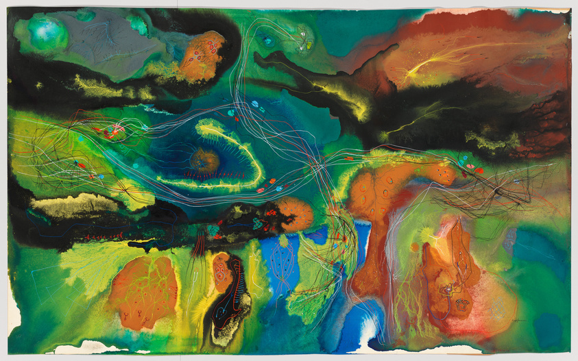 Vibrant abstract painting featuring a rich tapestry of colors, including deep greens, blues, reds, and oranges, with intricate lines and shapes that suggest a complex, interconnected landscape or a microscopic view of organic matter. The artwork is dynamic, with areas that resemble cellular structures, flowing rivers, and energetic explosions, creating a sense of movement and biological activity.