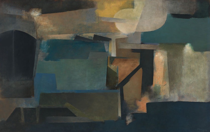 Abstract painting featuring a composition of various geometric shapes in muted tones of blue, brown, black, and green, with subtle textures and interlocking forms. The shapes create a sense of depth and fragmented space, reminiscent of architectural elements. The artist's signature is visible in the lower right corner.