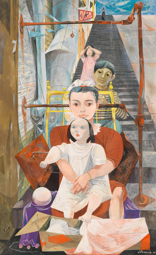 A colorful and complex painting featuring multiple figures and abstract elements. In the foreground, a seated woman with a contemplative expression holds a young child on her lap. Behind them, a boy with a yellow shirt looks directly at the viewer. Various objects, including a paper airplane, a globe, and architectural structures, are interspersed throughout the scene. The background includes a staircase with a figure at the top and a cloudy sky visible through a window-like opening. The artwork is signed and dated at the bottom right.