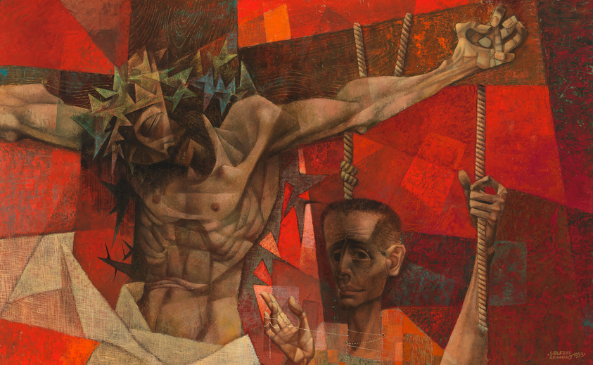 A cubist-style painting depicting a crucified figure with a crown of thorns, set against a backdrop of red and brown geometric shapes. To the right, a man with a solemn expression holds a nail, gazing directly at the viewer. The artwork is rich in texture and angular forms, creating a dramatic and intense scene.
