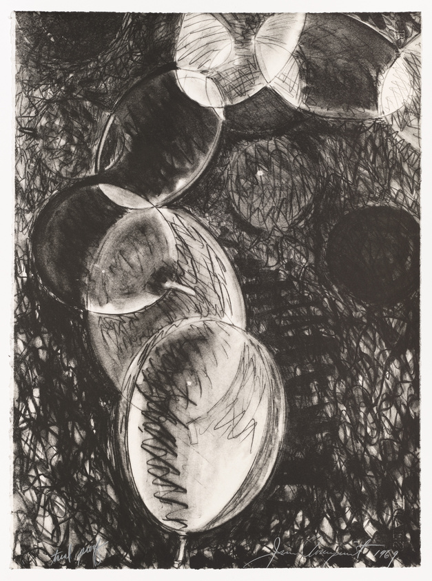 A monochromatic artwork featuring an abstract composition of overlapping circles and organic shapes with textured shading and scribble-like details. Some circles have light shading, creating a sense of depth and luminosity against the darker background. The image is signed by the artist in the lower right corner.