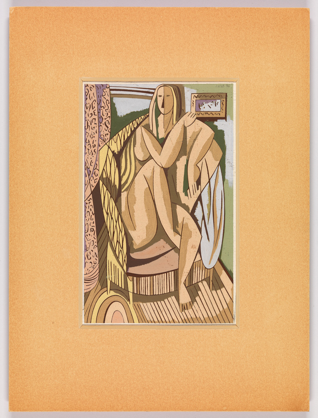 A framed artwork depicting a stylized female figure seated with one arm resting on her knee and the other supporting her head, set against a background of geometric and organic shapes, with a warm color palette, mounted on an orange textured background.