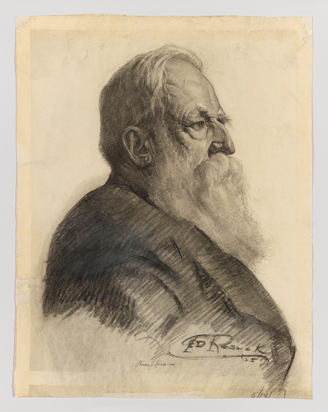 Pencil sketch of an elderly man in profile with a full beard, looking thoughtful. The artist's signature is visible at the bottom, and the paper shows signs of aging.