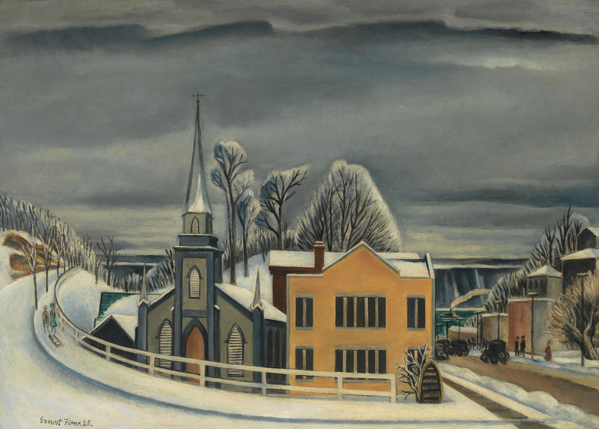 A painting depicting a snowy village scene with a church and a large yellow house in the foreground. Bare trees and a grey sky suggest a cold winter day. A few figures and vintage cars are visible in the distance, adding life to the serene landscape. The artwork is signed "Ernest Fiene '25" in the lower left corner.