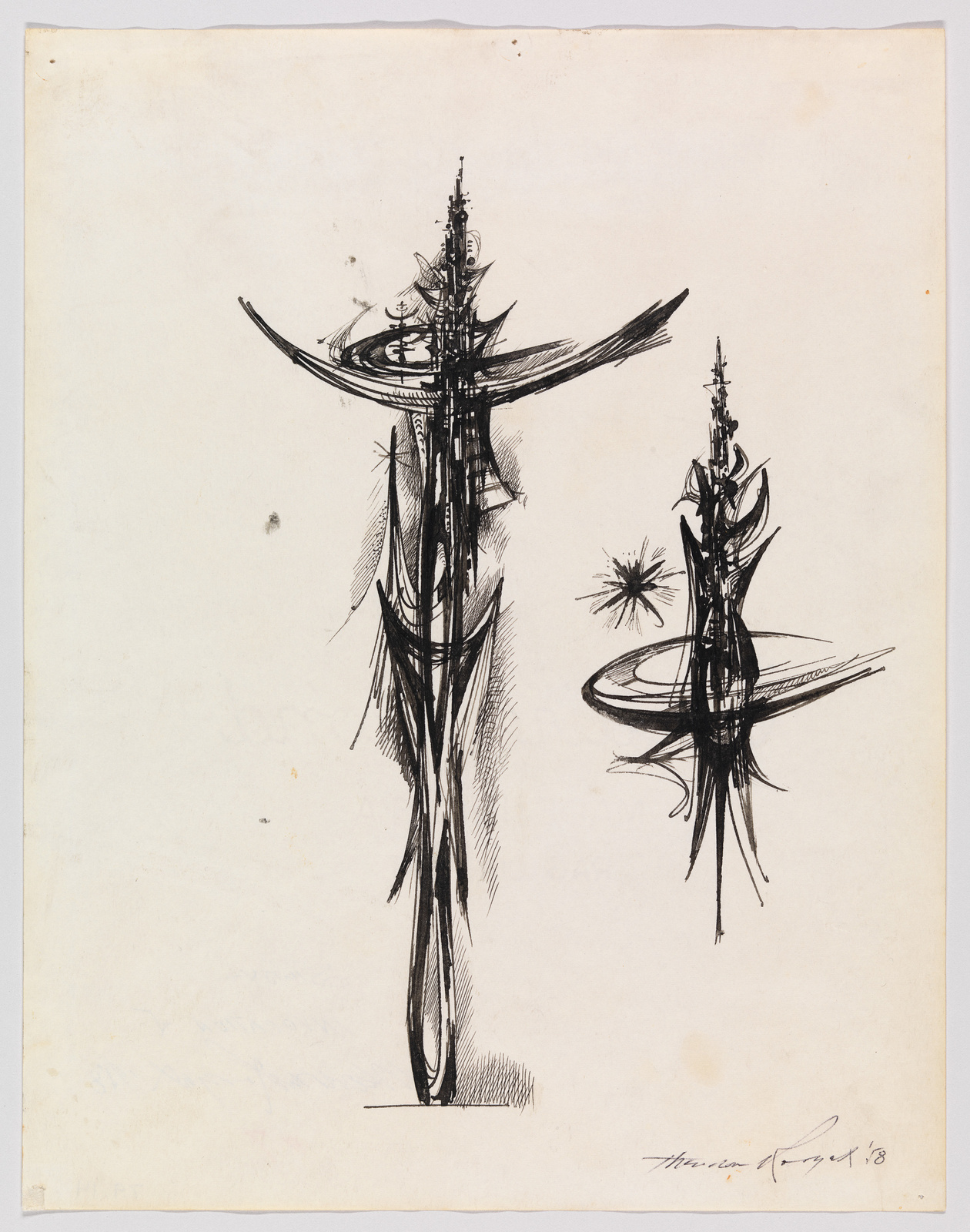 Sketch of abstract figures with elongated shapes and spindly appendages, drawn in black ink on aged white paper, signed and dated by the artist in the bottom right corner.