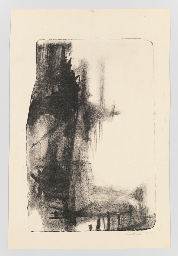 A monochromatic etching depicting a rough, textured landscape with dark, vertical forms that suggest trees or a forest edge. The composition is framed within a clear border, and the image is on cream-colored paper with the artist's signature in the bottom right corner. There is a handwritten "TOP" at the top edge, indicating orientation.