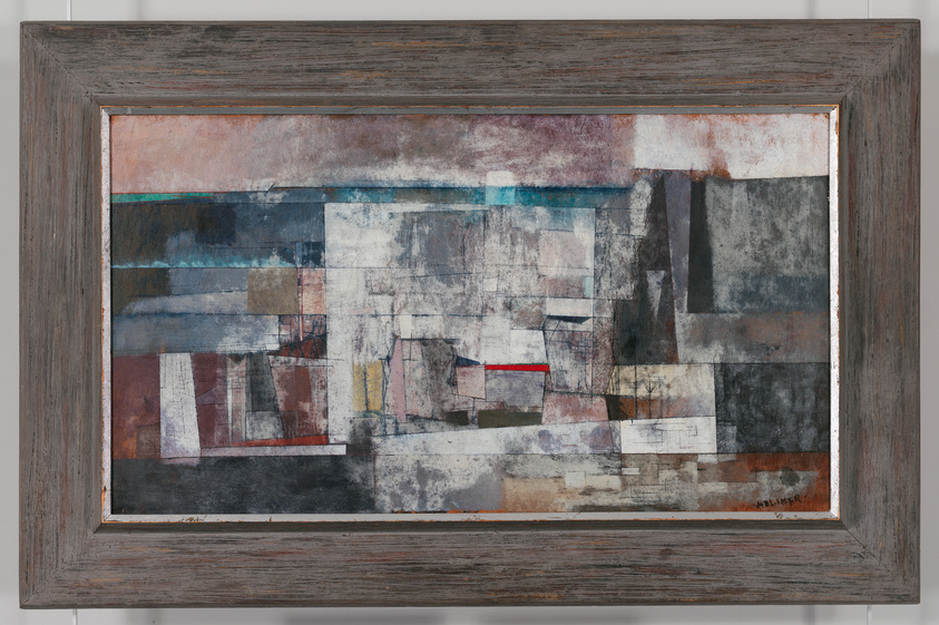 A framed abstract painting featuring a collage of muted colors with geometric shapes and subtle textures. Hints of red and blue add contrast to the predominantly earth-toned composition. The rustic wooden frame complements the artwork's aged appearance.