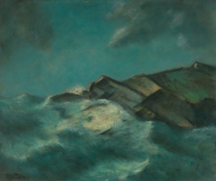 An impressionistic painting depicting tumultuous sea waves crashing against dark, jagged rocks under a moody, overcast sky. The artist's signature is visible in the lower left corner. The brushwork suggests movement and the interplay of light and shadow on the water's surface.