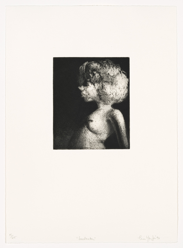 A black and white artwork depicting the profile of a female figure with textured hair and visible upper body, set against a dark background. The image is centered on a white canvas with artist's signatures and edition number at the bottom.