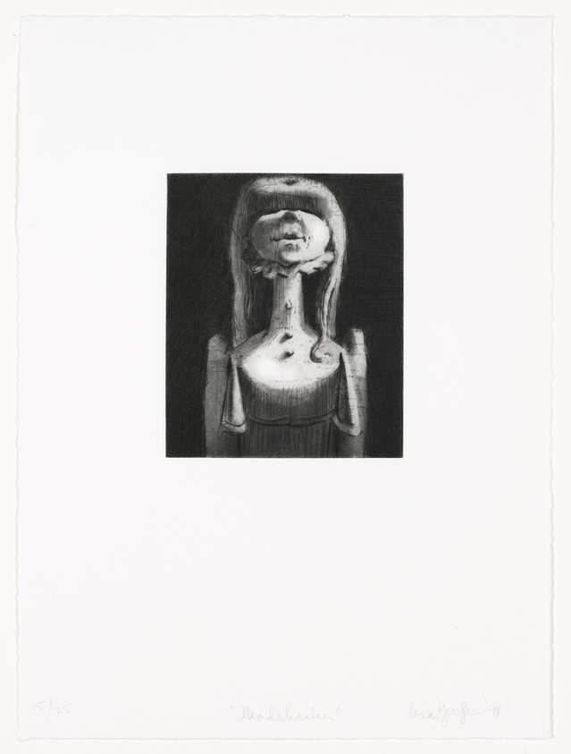 A black and white etching of a stylized female figure with an elongated neck and a blank expression, centered on a dark background, with handwritten inscriptions below indicating the artwork's edition number and title, as well as the artist's signature and year.