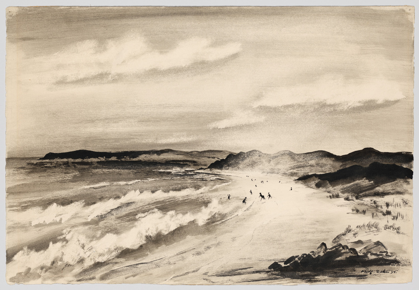 A monochromatic drawing depicting a dynamic coastal scene with waves crashing onto a sandy beach. In the distance, small figures can be seen near the water's edge, with rolling hills rising in the background under a sky filled with soft, sweeping clouds. The artwork is signed by the artist in the lower right corner.