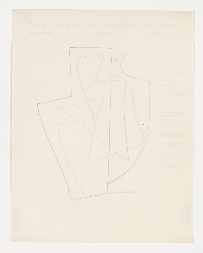 A sketch of abstract geometric shapes resembling a fragmented figure on a beige paper background. The image is rotated with text appearing upside down at the top, indicating the paper may be viewed from the wrong side. The artist's signature is visible at the bottom right.