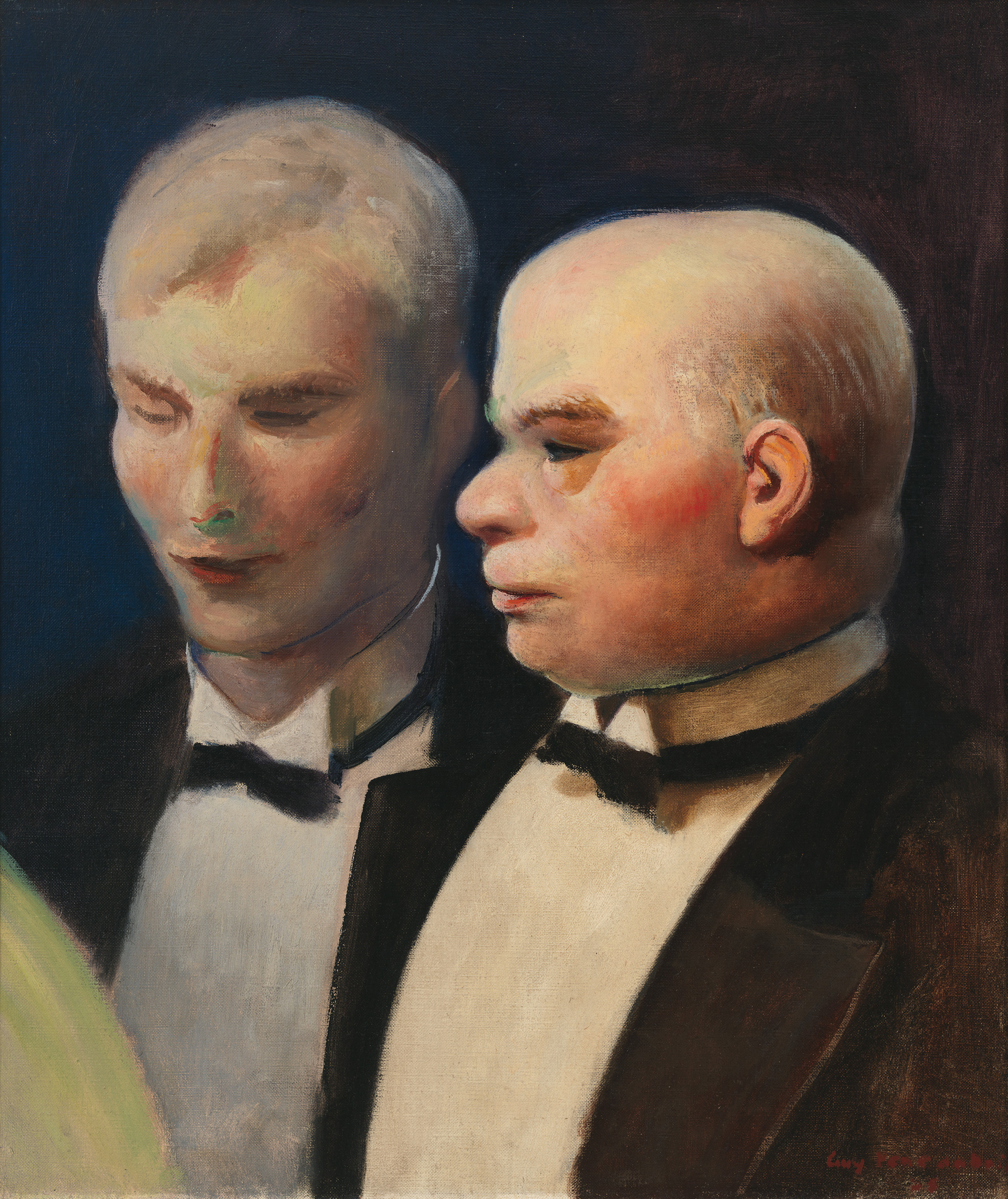 Oil painting depicting two men in tuxedos, one with a bald head and the other with blonde hair, both facing slightly to the side against a dark background, signed by Lucy Brock-Broido.