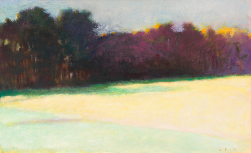 Impressionistic painting depicting a landscape with a foreground of soft yellow and green hues that resemble a field or meadow, transitioning into a line of trees with dark trunks and a canopy of purple and pink tones, set against a sky with gentle blue and white strokes. The artist's signature is visible in the lower right corner.