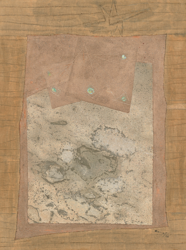 An abstract artwork featuring textured layers with a dominant brown and beige color scheme. The central area has a mottled appearance with various shades of gray, resembling a stone surface. Surrounding this are borders with a more uniform brown tone, and the top left corner includes a piece of brown material with geometric lines and small, circular greenish accents. The overall effect is reminiscent of an archaeological find or an ancient wall with remnants of past decorations.