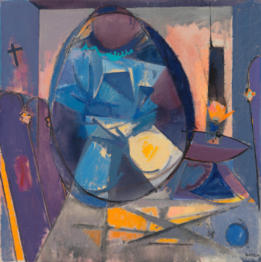 This is an abstract painting featuring a mix of geometric and organic shapes in a variety of colors including blues, purples, oranges, and yellows. The composition is dynamic, with elements that suggest a still life arrangement, including what might be interpreted as a vase, a plate, and fruit, all set against a backdrop of contrasting colors and forms. The artist's signature is visible in the lower right corner.