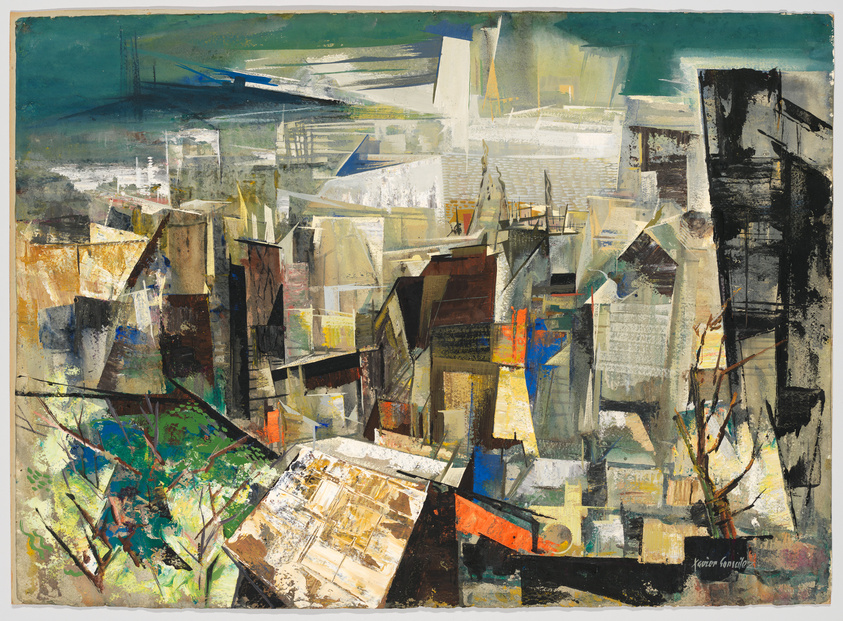 Abstract expressionist painting featuring a chaotic composition of fragmented shapes and colors that suggest an urban landscape. The artwork includes a mix of sharp and blurred lines, with a bridge-like structure in the background and a variety of textures throughout. The color palette is dominated by earth tones with splashes of blue, green, and red. The artist's signature is visible in the lower right corner.