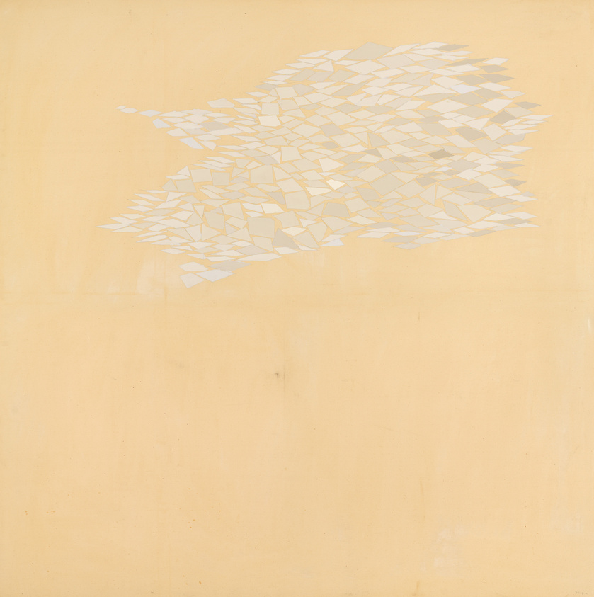 Abstract artwork with a cluster of white geometric shapes on a pale yellow background.