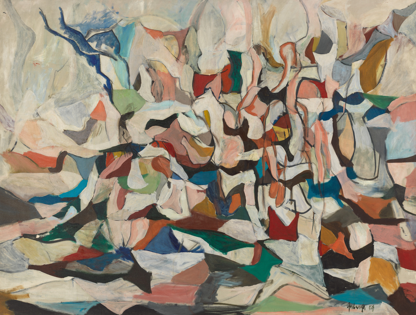 An abstract painting featuring a complex array of shapes and colors that interlock and overlap in a dynamic composition. The palette includes shades of blue, red, green, and earth tones, with visible brushstrokes adding texture to the image. The artwork conveys a sense of movement and rhythm through its fragmented forms and contrasting hues.