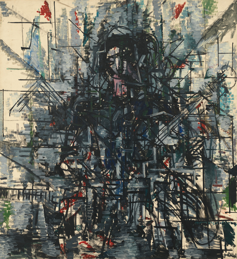 An abstract painting featuring a complex lattice of black lines and shapes against a muted background with hints of blue, white, and occasional splashes of red and pink. The composition is dense and layered, creating an impression of depth and dynamic movement.