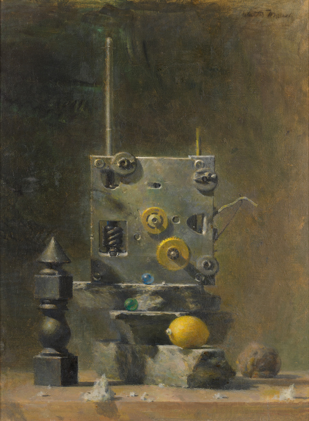 Oil painting depicting a surreal assemblage of mechanical parts and objects, including gears, a lever, and a vertical rod, arranged in a tower-like structure on a ledge. A lemon, a blue marble, a green marble, and a dark, textured object resembling a stone are also placed on the ledge. The background is a muted, dark greenish-brown, and the artist's signature is visible in the upper right corner.