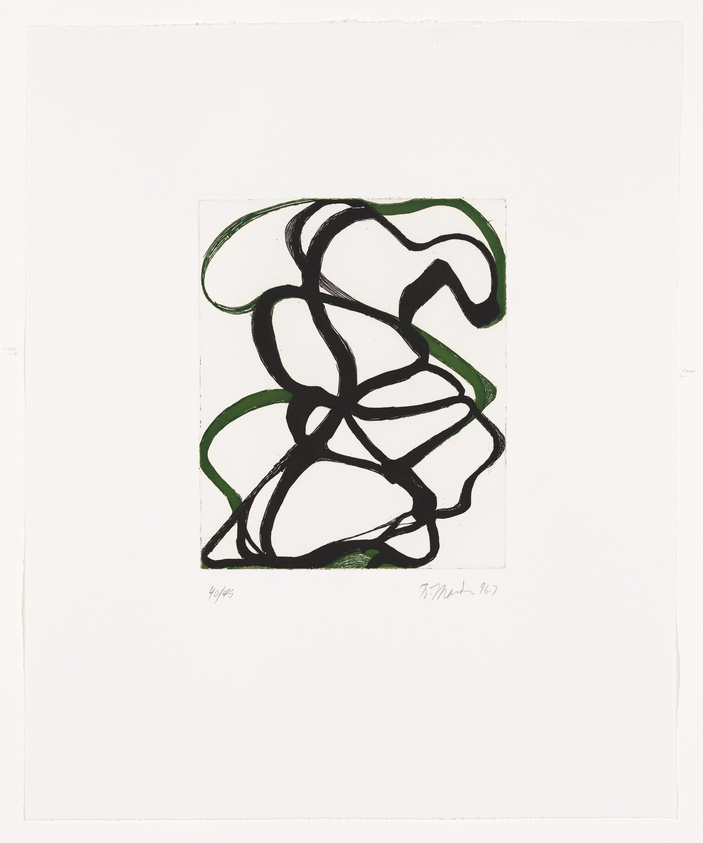 An abstract artwork featuring bold, intertwined black and green lines on a white background, with the artist's signature and edition number at the bottom.