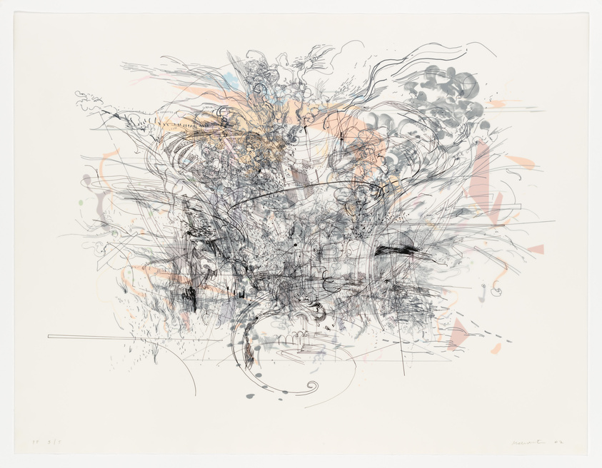 Abstract art with intricate lines and shapes in black, orange, and blue on a white background.