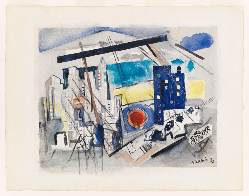 Abstract watercolor painting featuring geometric shapes and lines in a composition that suggests an urban landscape. Dominant colors include blue, yellow, and gray, with a prominent red circle on the right. The artwork is signed and dated at the bottom right.