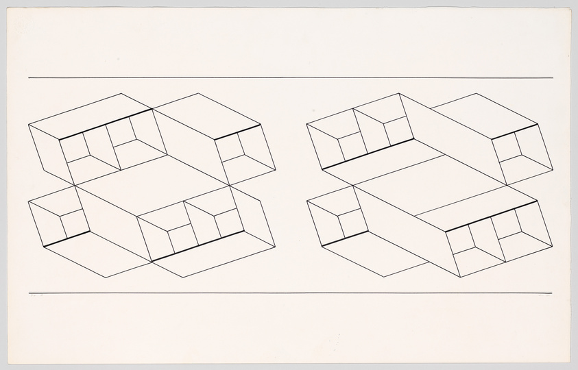 A black and white line drawing of two ambiguous three-dimensional shapes that resemble optical illusions, each consisting of a series of interconnected cubes. The shapes are presented on a white background with two horizontal lines framing them at the top and bottom.