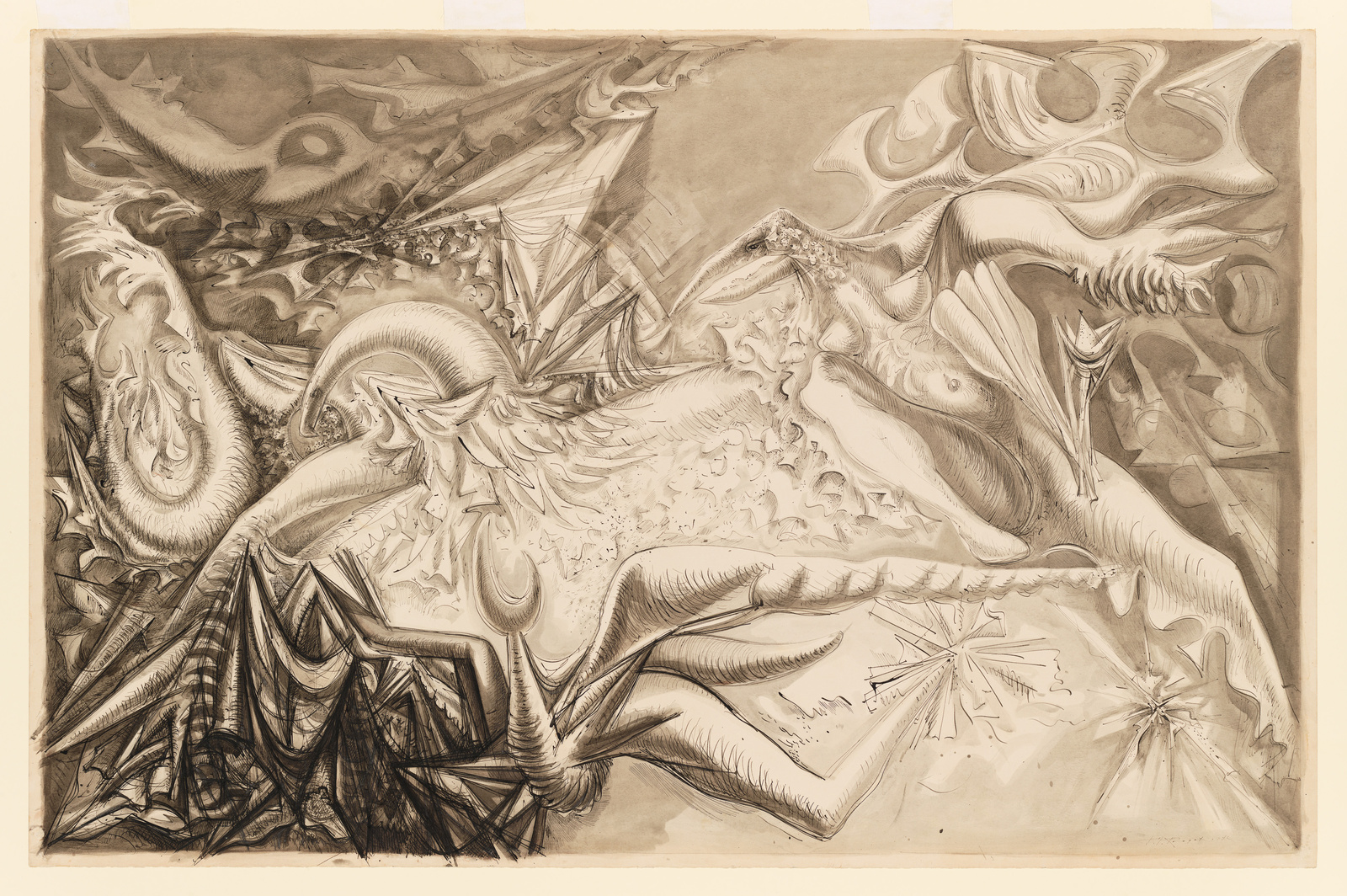 A detailed, sepia-toned sketch featuring an array of abstract and surreal forms that resemble organic and geometric shapes intertwined. The composition is dynamic, with swirling patterns, sharp angles, and what appear to be distorted figures and objects that defy straightforward interpretation. The artwork has a dreamlike, fantastical quality, with a sense of movement and transformation throughout.