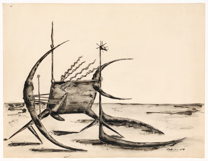 A surrealist drawing featuring abstract, skeletal structures that resemble a combination of organic forms and mechanical elements, set against a blank, lightly textured background. The artwork is monochromatic, with varying shades of black and gray, and includes a signature and date in the lower right corner.