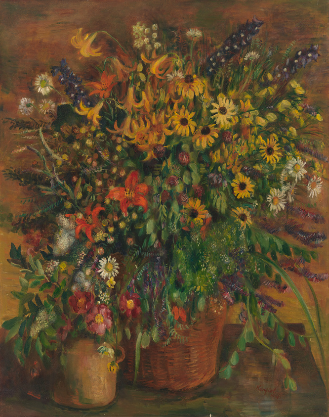 A vibrant oil painting depicting a lush arrangement of wildflowers in two baskets, with a variety of colors including yellows, oranges, reds, and purples, set against a warm, dark background. The flowers appear lively and densely packed, creating a rich tapestry of natural beauty.