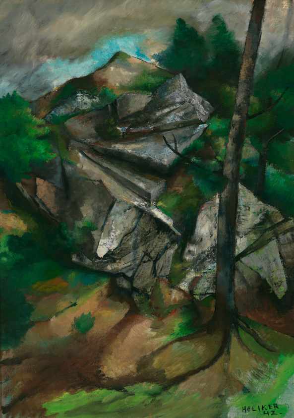 A painting depicting a rugged mountain landscape with prominent rock formations in the foreground and a solitary tree standing tall. The brushwork is expressive, with a mix of earthy browns, greens, and hints of blue in the sky, creating a sense of wild, natural beauty. The artist's signature "HELIKER" and the year "47" are visible in the lower right corner.
