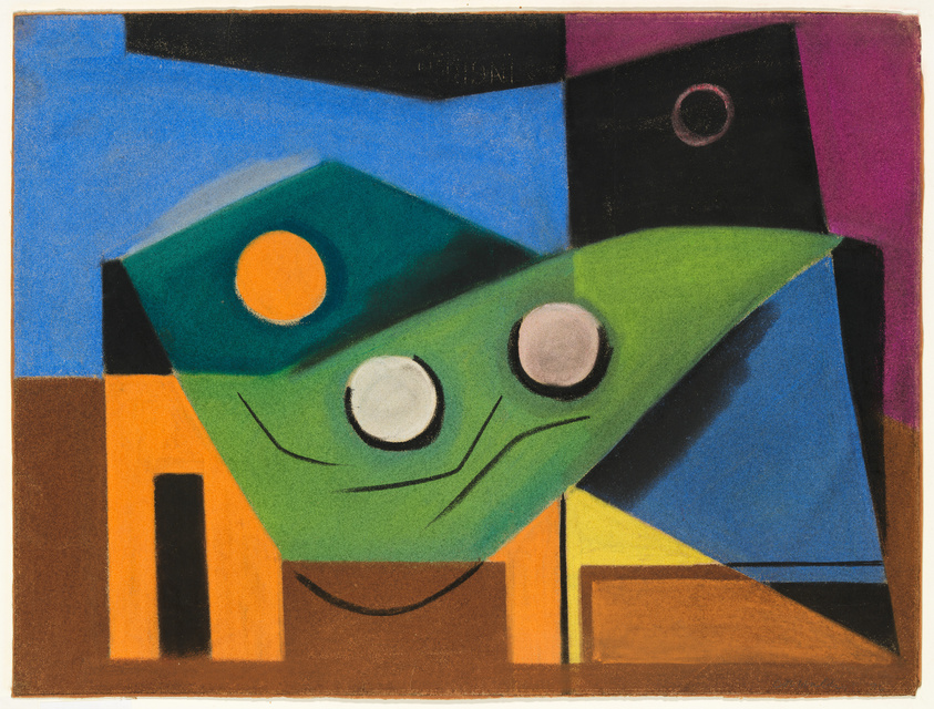 Abstract artwork featuring geometric shapes in bold colors, with two prominent circles resembling eyes, set against a background of intersecting planes in various hues.