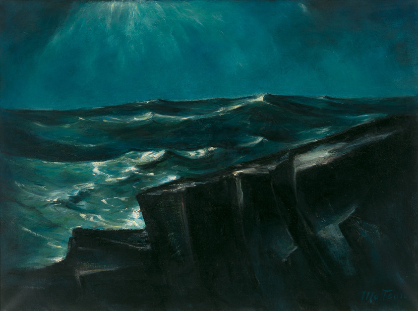 A painting depicting a tumultuous sea with dark, rolling waves under a moody, overcast sky. The right foreground features a jagged, dark cliff face against the churning water, with a hint of light breaking through the clouds above. The artist's signature is visible in the lower right corner.