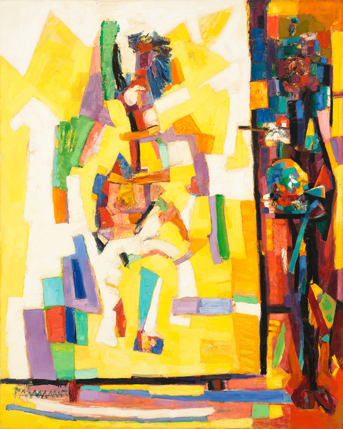 A vibrant abstract painting featuring a jumble of colorful shapes and forms that suggest a seated figure surrounded by a dynamic, fragmented environment. The use of bright yellows, reds, greens, and blues creates a lively and energetic composition, with thick, expressive brushstrokes adding texture and depth.